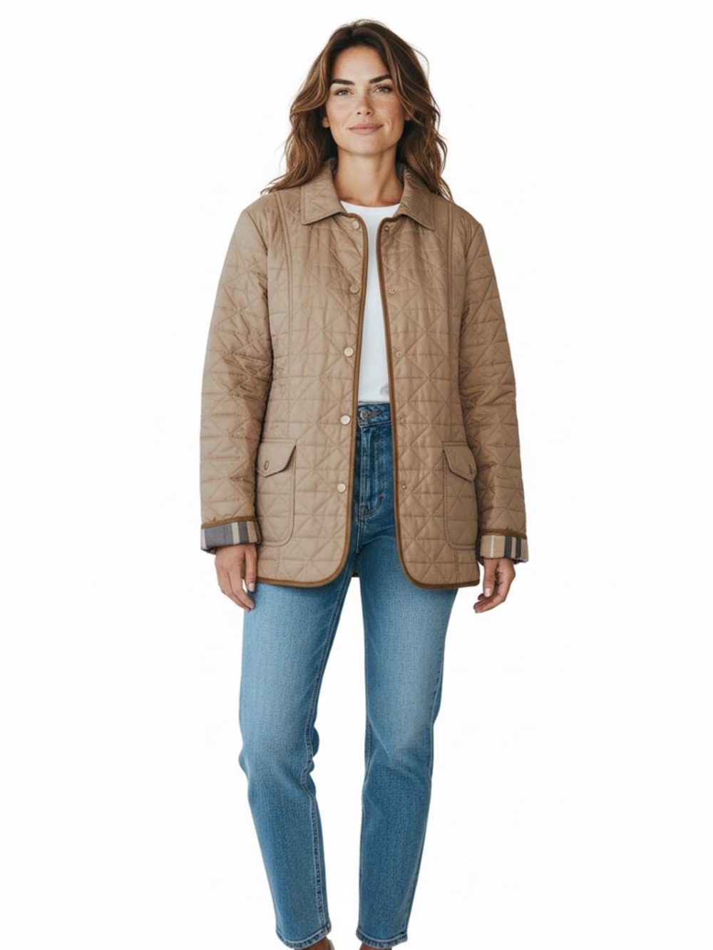 Basler quilted jacket nude/ beige snaps plaid liner contemporary spring Large XL